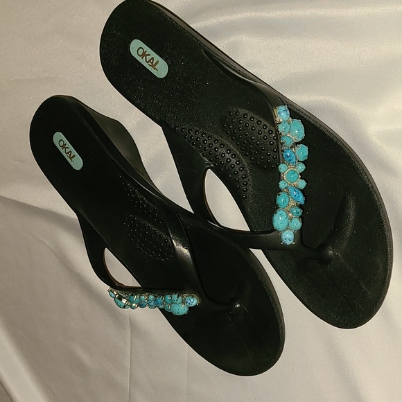 Okal Shoes - ❤️SALE ❤️Okal Black & Turquoise Rubber Flip Flops - Size L (9.5/10)